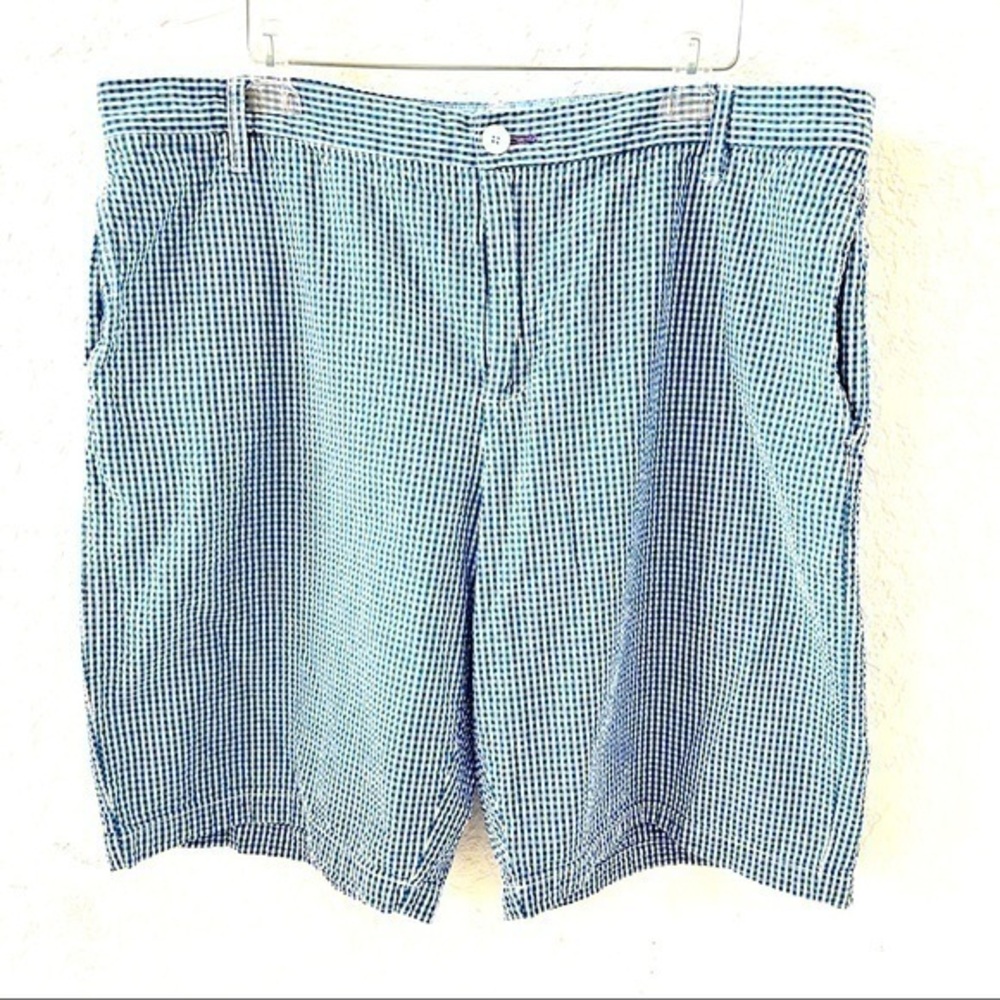 Russell Simmons 42W blue & white gingham seersucker flat front shorts